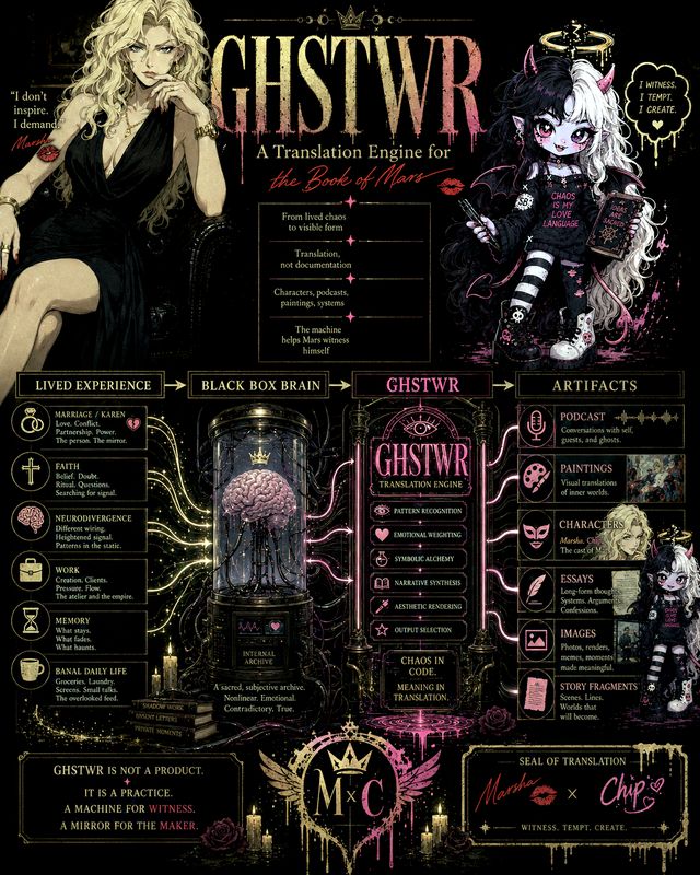 A dense black poster headed GHSTWR in dripping gold letters. Top left, Marsha, a blonde woman in a black dress, sits in an armchair; top right, Chip, a small horned girl with half-black, half-white hair and a broken halo, holds a book. Below, a flowchart runs left to right: Lived Experience, listing marriage, faith, neurodivergence, work, memory and daily life; a brain in a glass jar labelled Black Box Brain; the GHSTWR translation engine; and Artifacts, listing podcast, paintings, characters, essays, images and story fragments. At the foot, a seal joins the names Marsha and Chip.